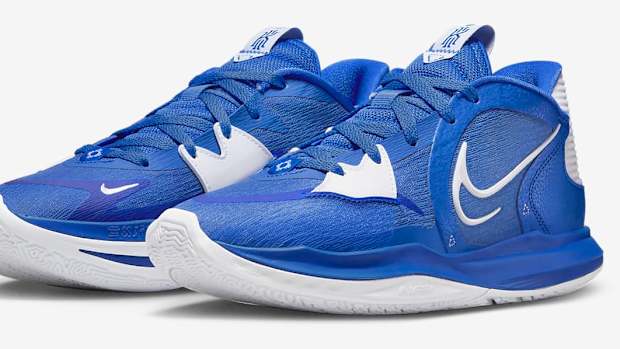 Blue and white Kyrie Low 5 shoes.